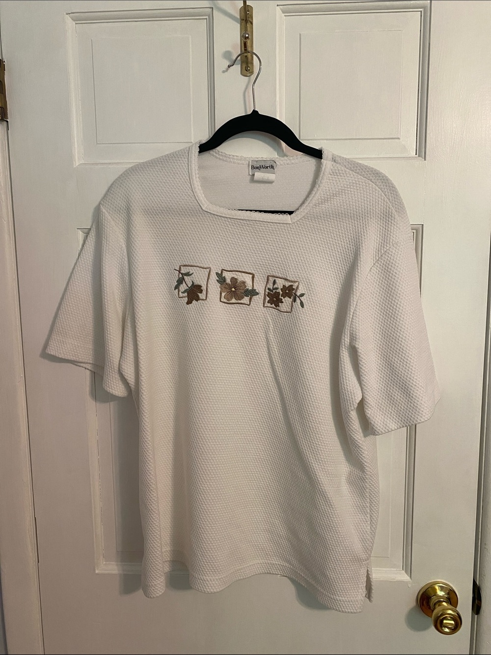 Bon Worth White Short Sleeve Tee with Taupe Floral Squares